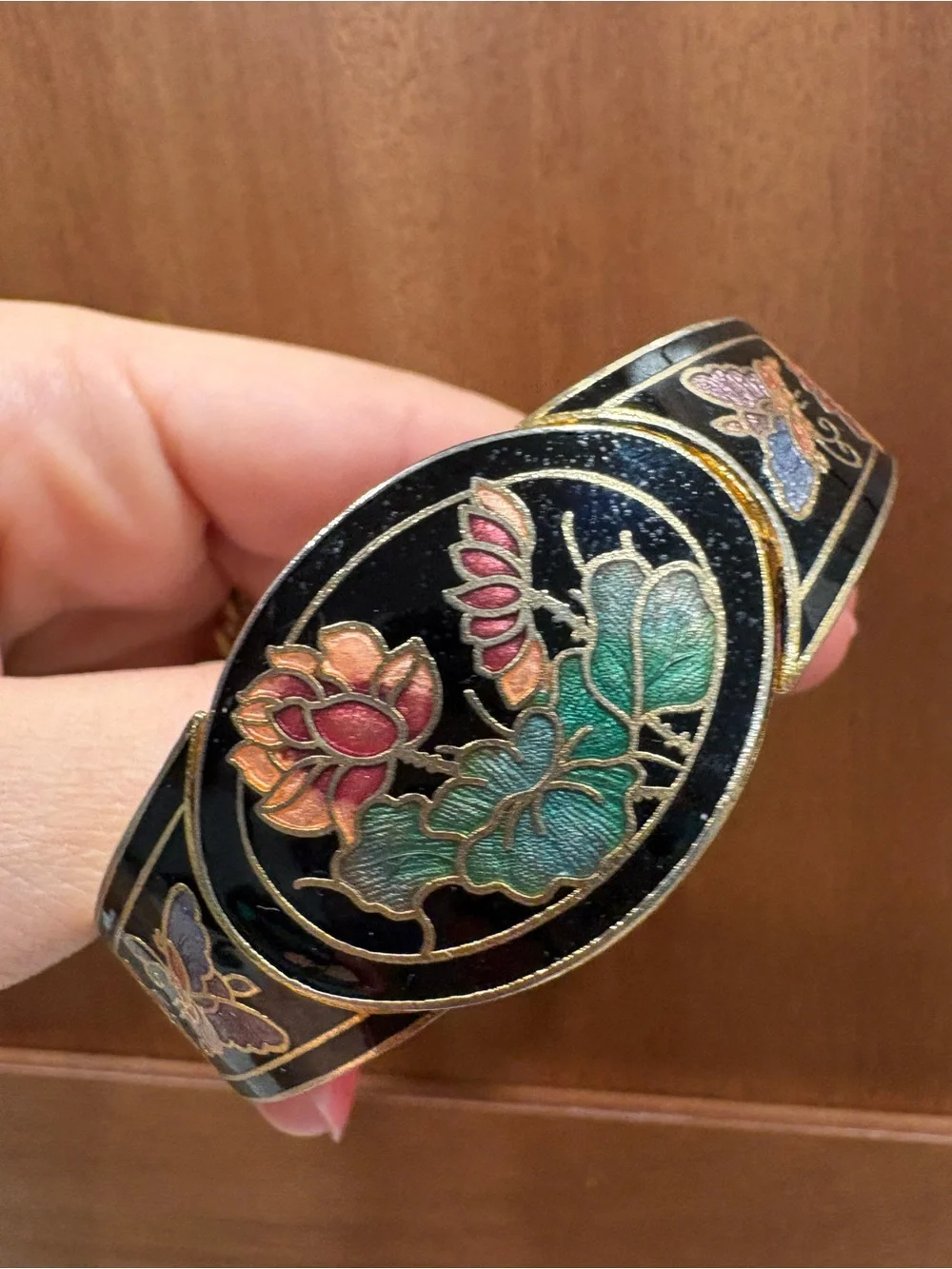 VTG Cloisonné Cuff Bracelet Black Enamel Goldtone Hinged Butterfly Flowers